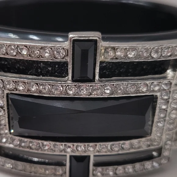 Statement Black & Silver Rhinestone Cuff Bracelet  Art Deco Glam - Picture 6 of 9